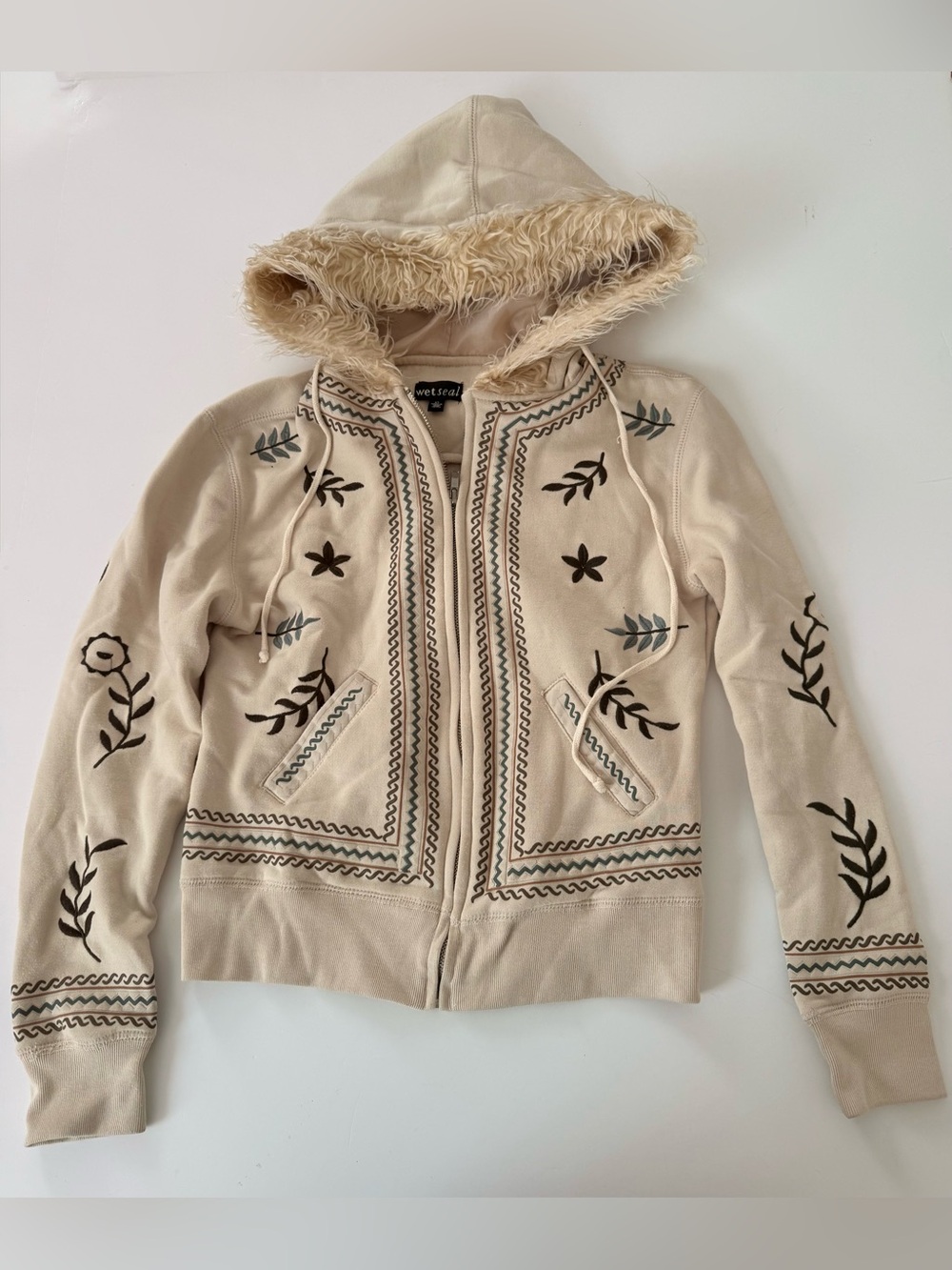 Wet Seal Cream Hooded Bomber Jacket with Embroidered Floral Trim